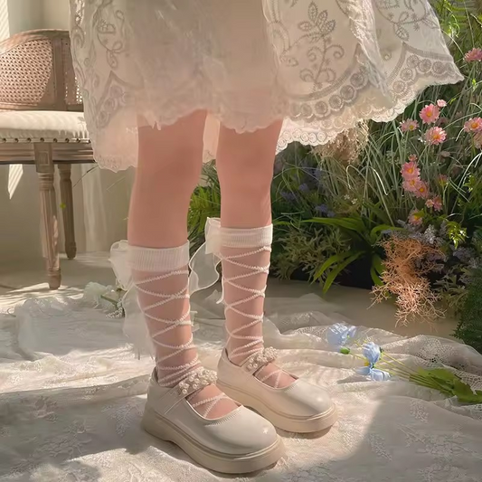 Calf Sock White Striped Bow Ribbon (2-7 Years)