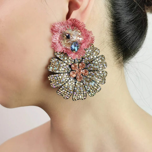 Big Rhinestones Flower Drop Earrings